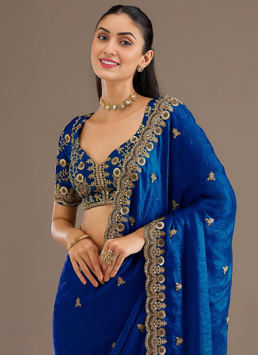 Royal Blue Designer Tissue Saree with Embroidery and Sequin Work