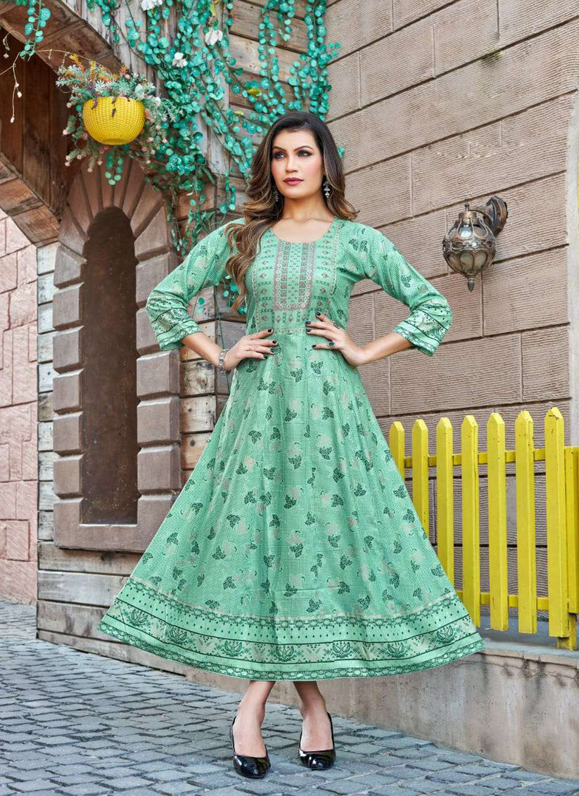 Turquoise Heavy Rayon Printed Plus Size Anarkali Kurti