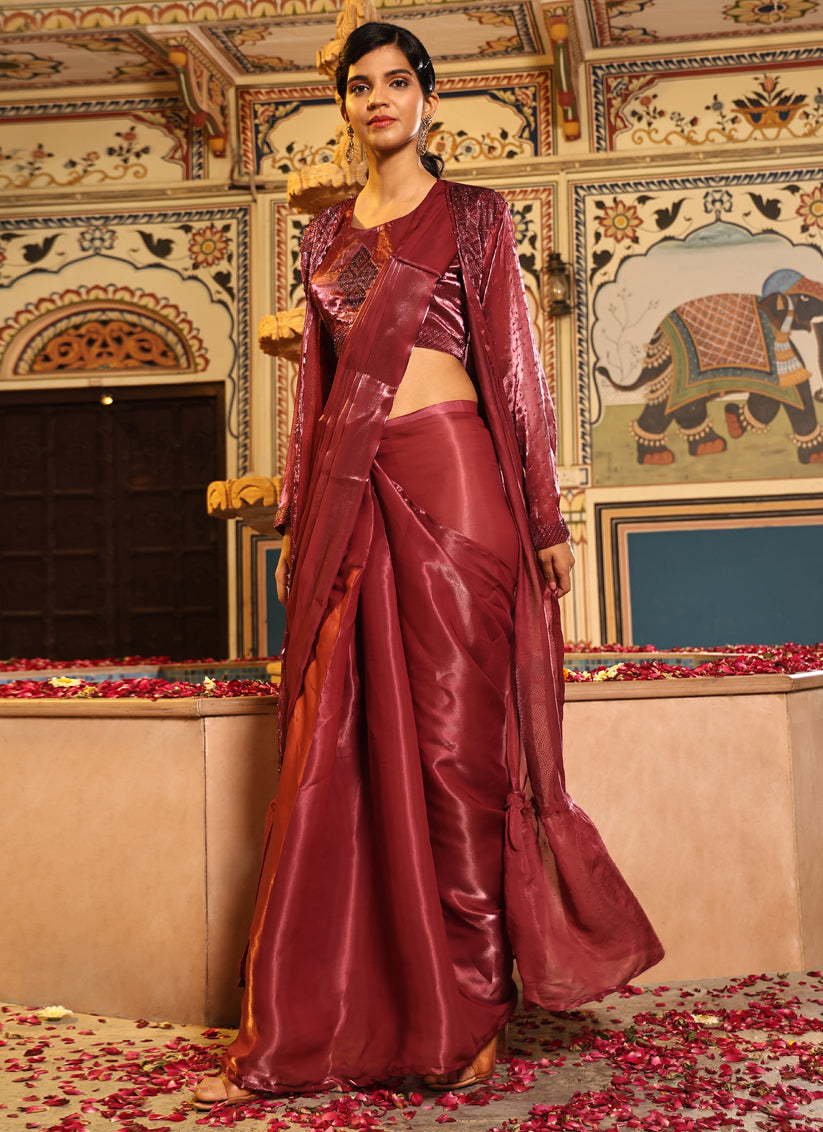 Maroon Silk Ready to Wear Saree with Jacket