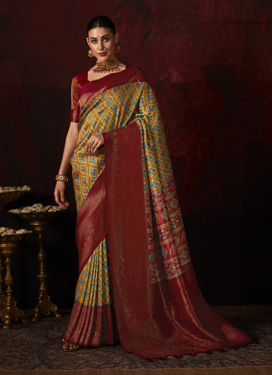 Mustard Silk Digital Print Saree for Festival