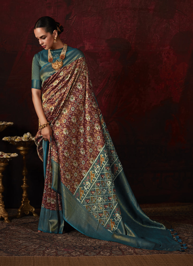 Chocolate Brown Silk Digital Print Saree for Festival