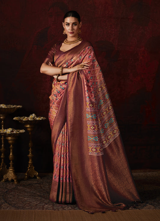 Salmon Pink Silk Digital Print Saree for Festival