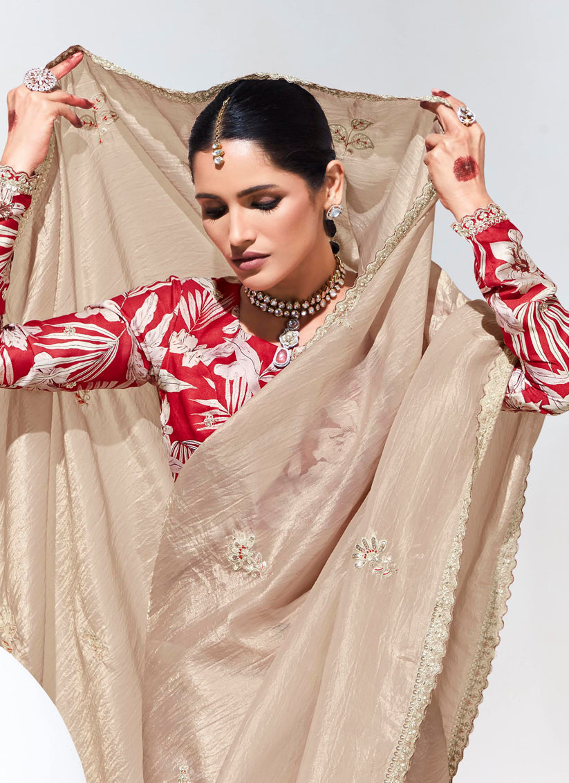 Beige Organza Embellished Designer Saree