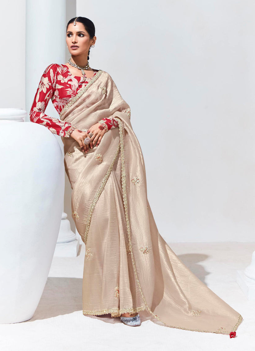 Beige Organza Embellished Designer Saree