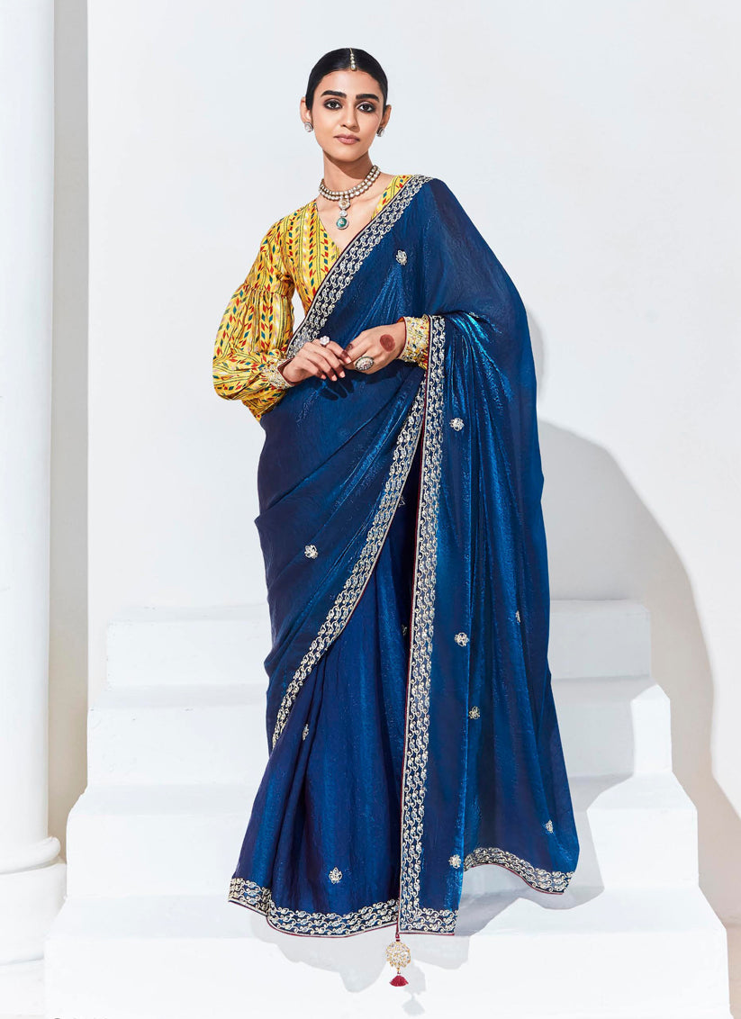 Cobalt Blue Organza Embellished Designer Saree