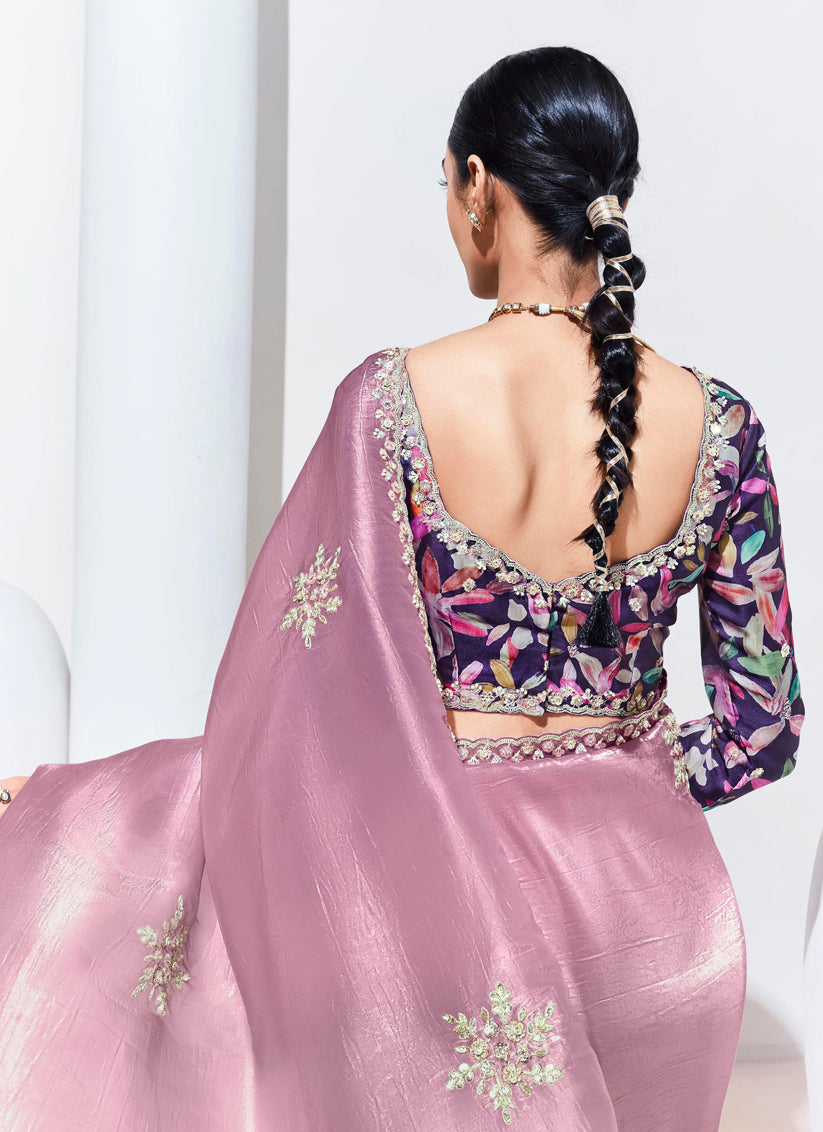 Puce Pink Organza Embellished Designer Saree