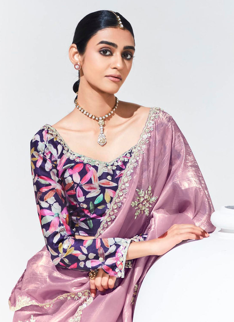 Puce Pink Organza Embellished Designer Saree