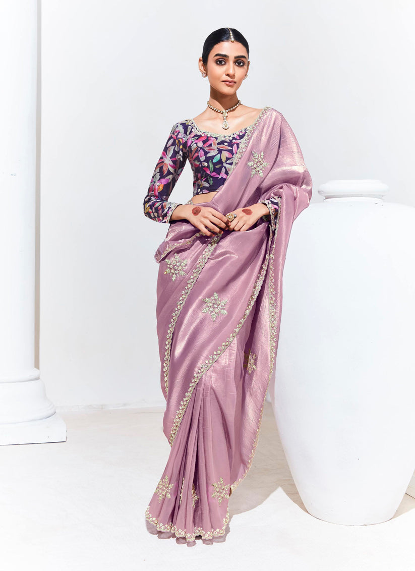 Puce Pink Organza Embellished Designer Saree