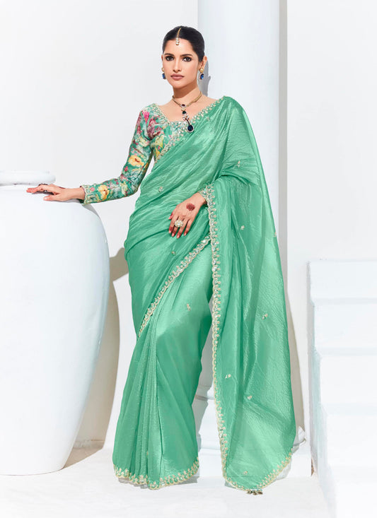 Sea Green Organza Embellished Designer Saree