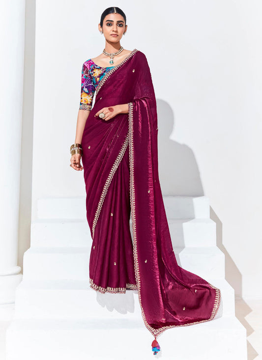 Wine Organza Embellished Designer Saree