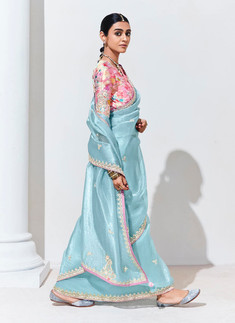 Ice Blue Organza Embellished Designer Saree