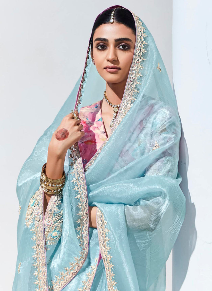 Ice Blue Organza Embellished Designer Saree