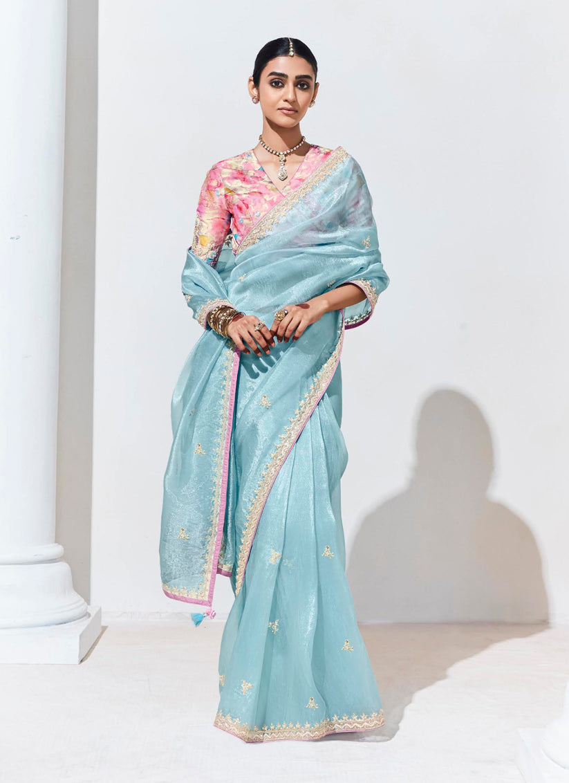 Ice Blue Organza Embellished Designer Saree