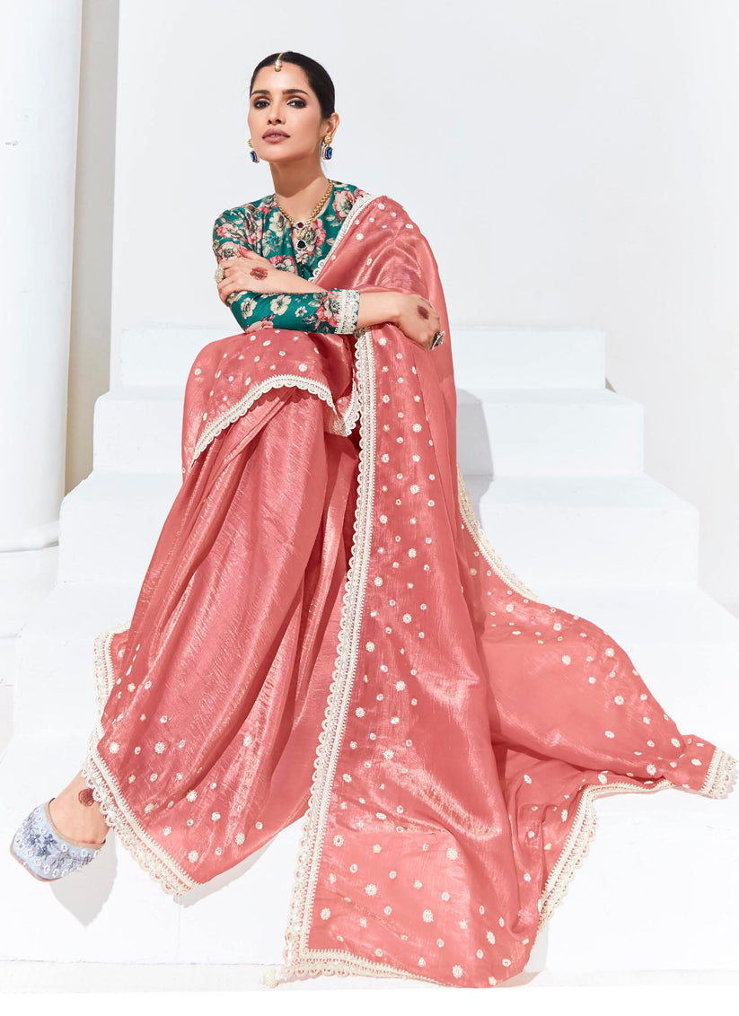 Salmon Pink Organza Embellished Designer Saree