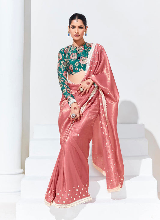 Salmon Pink Organza Embellished Designer Saree