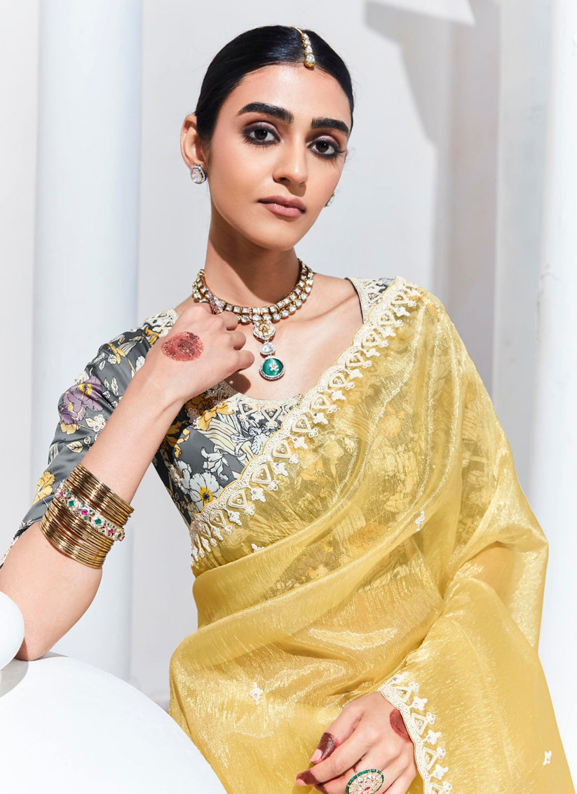 Pastel Yellow Organza Embellished Designer Saree