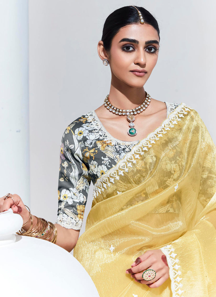 Pastel Yellow Organza Embellished Designer Saree