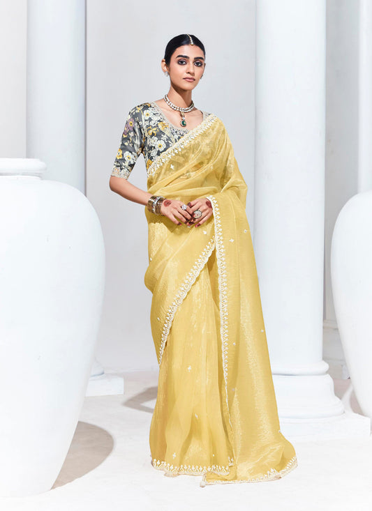 Pastel Yellow Organza Embellished Designer Saree