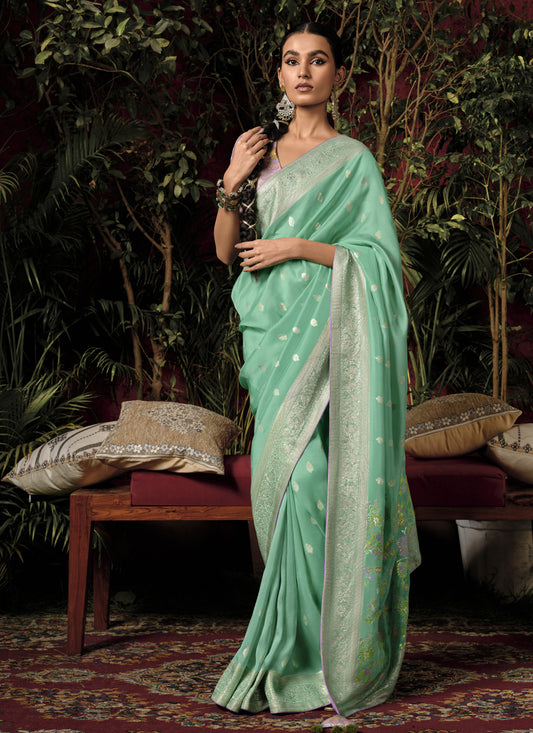 Sea Green Pure Viscose Dola Silk Zari Woven Saree for Wedding