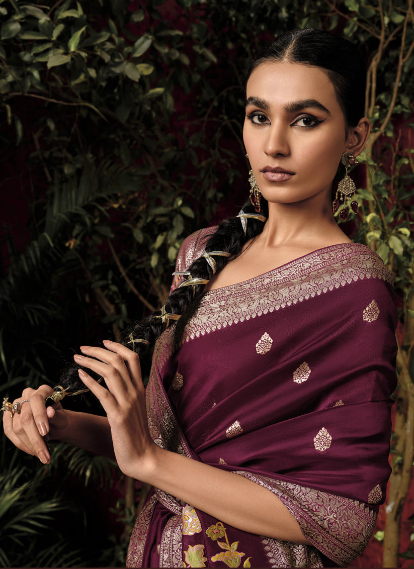 Wine Pure Viscose Dola Silk Zari Woven Saree for Wedding