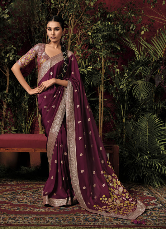 Wine Pure Viscose Dola Silk Zari Woven Saree for Wedding