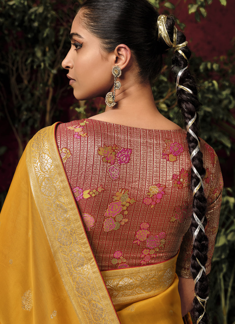 Golden Yellow Pure Viscose Dola Silk Zari Woven Saree for Wedding