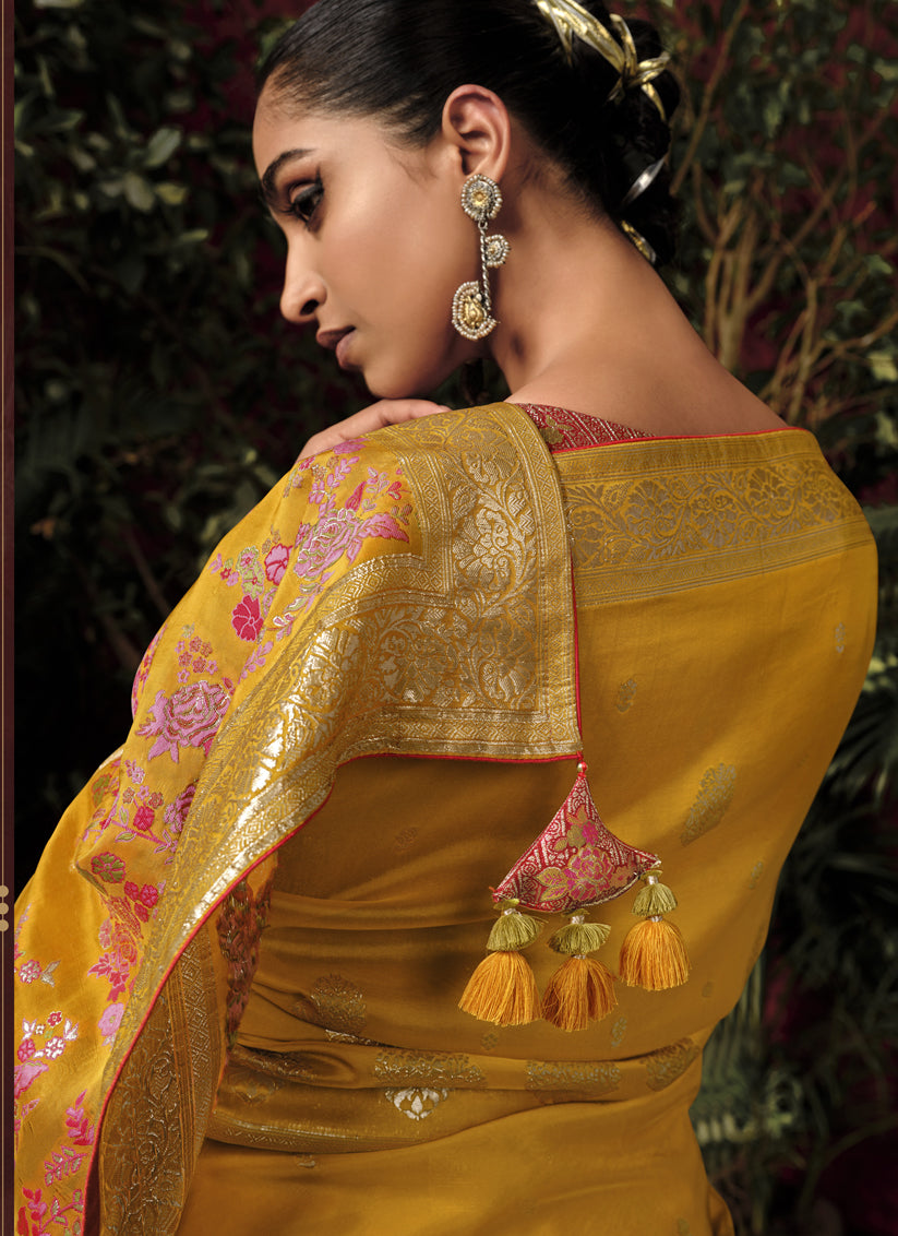 Golden Yellow Pure Viscose Dola Silk Zari Woven Saree for Wedding