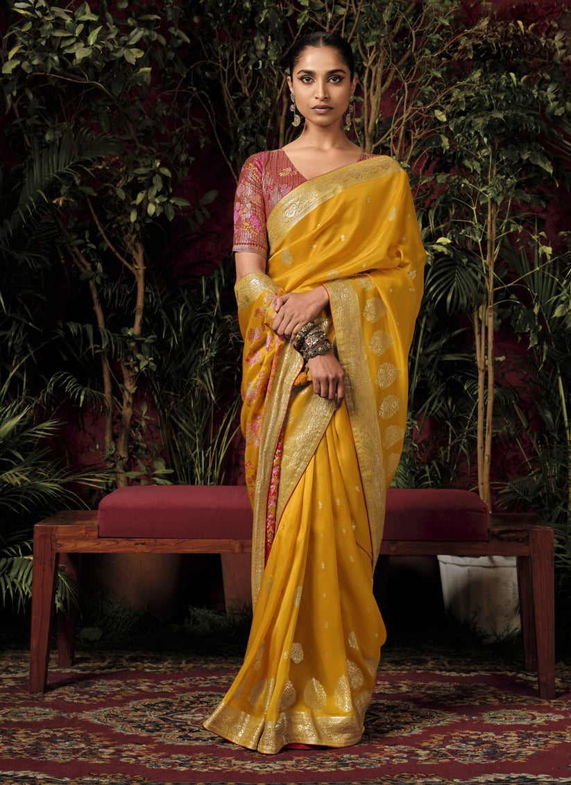 Golden Yellow Pure Viscose Dola Silk Zari Woven Saree for Wedding