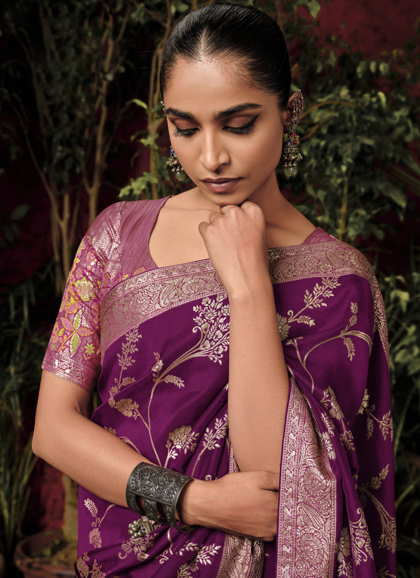 Purple Pure Viscose Dola Silk Zari Woven Saree for Wedding