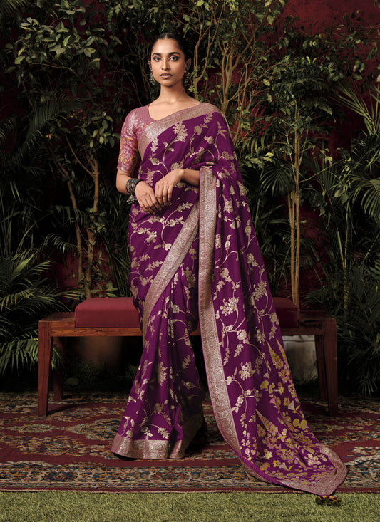 Purple Pure Viscose Dola Silk Zari Woven Saree for Wedding