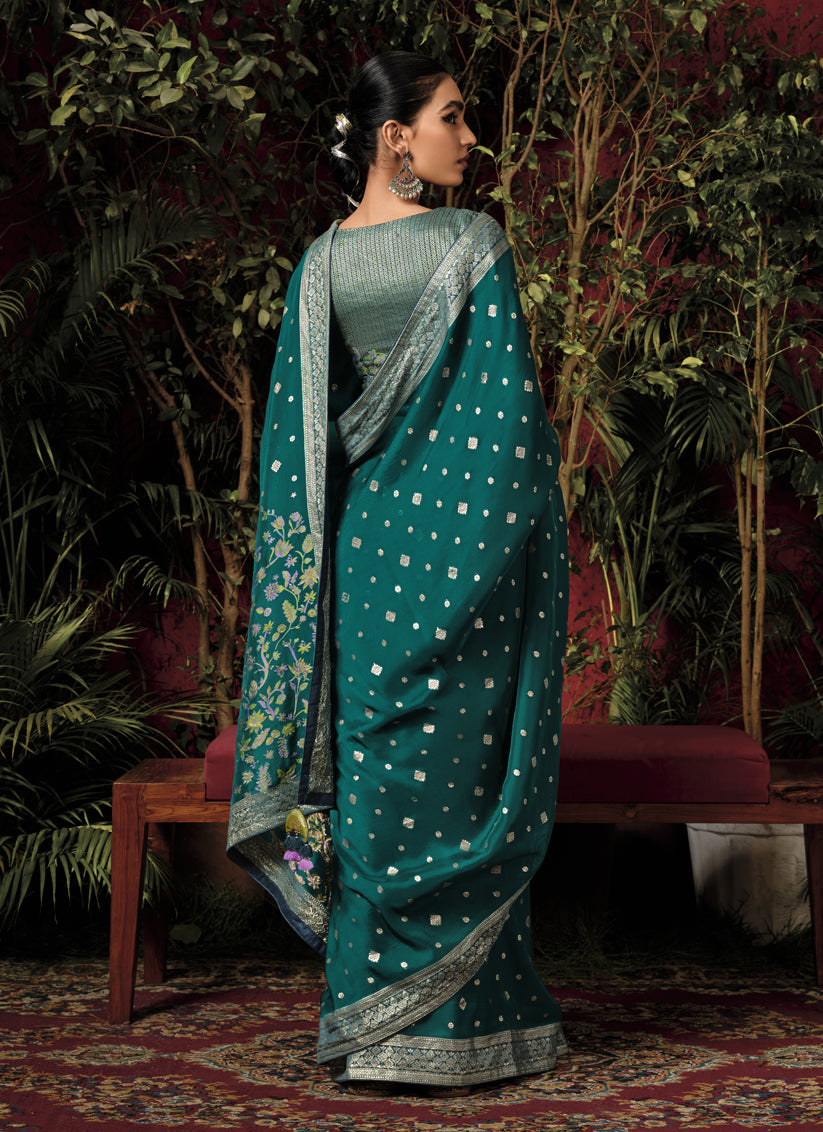 Pine Green Pure Viscose Dola Silk Zari Woven Saree for Wedding