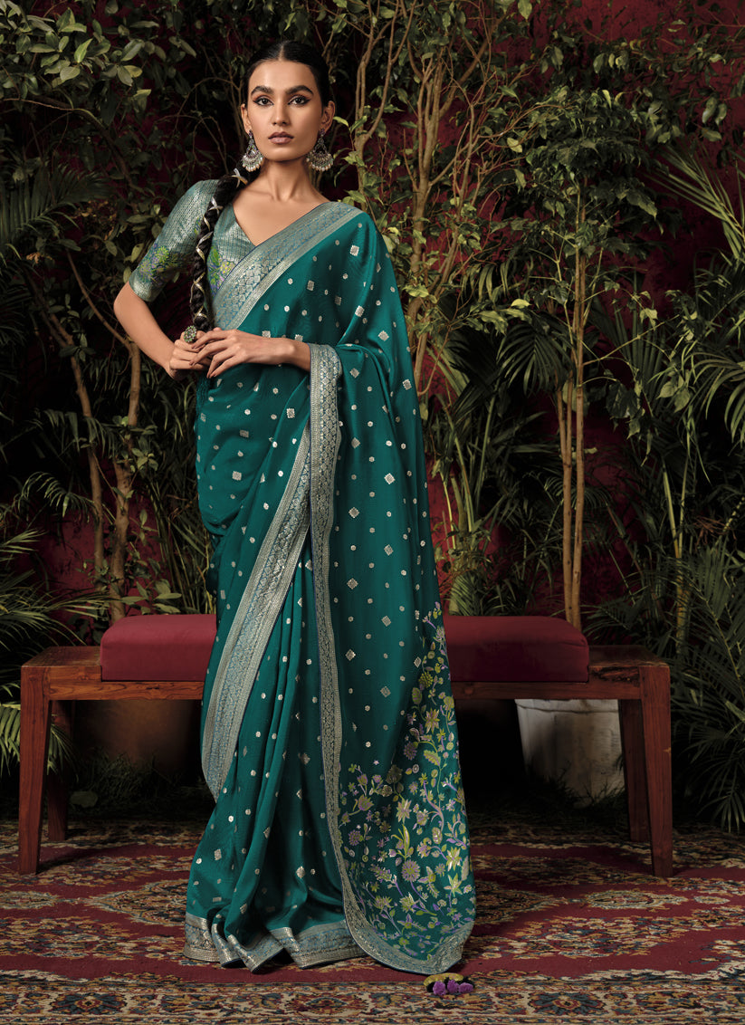 Pine Green Pure Viscose Dola Silk Zari Woven Saree for Wedding