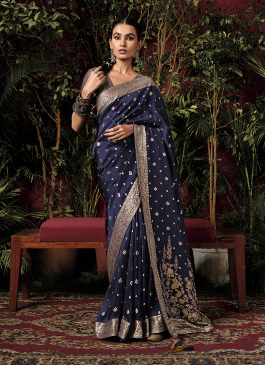 Navy Blue Pure Viscose Dola Silk Zari Woven Saree for Wedding