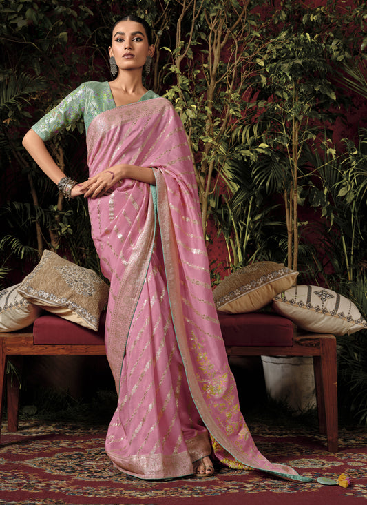 Rose Pink Pure Viscose Dola Silk Zari Woven Saree for Wedding