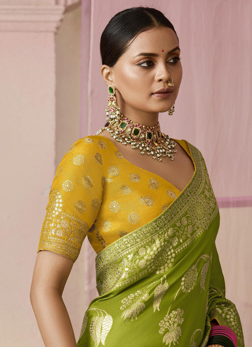 Parrot Green Dola Viscose Silk Woven Wedding Saree