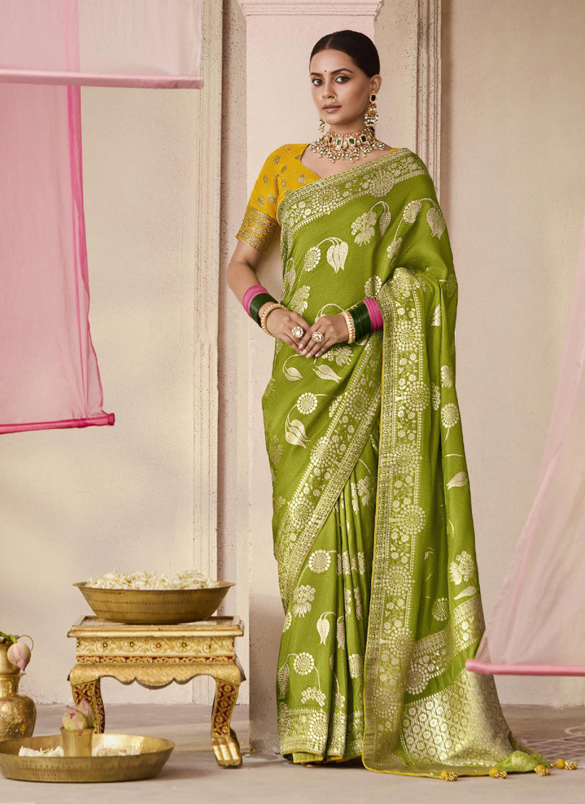 Parrot Green Dola Viscose Silk Woven Wedding Saree