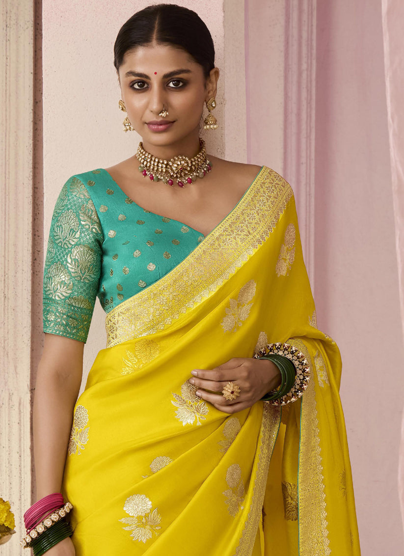 Lemon Yellow Dola Viscose Silk Woven Wedding Saree