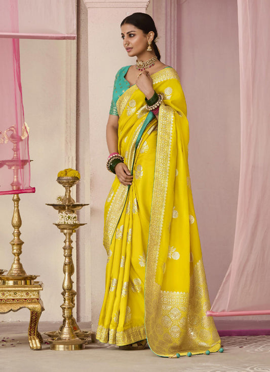 Lemon Yellow Dola Viscose Silk Woven Wedding Saree