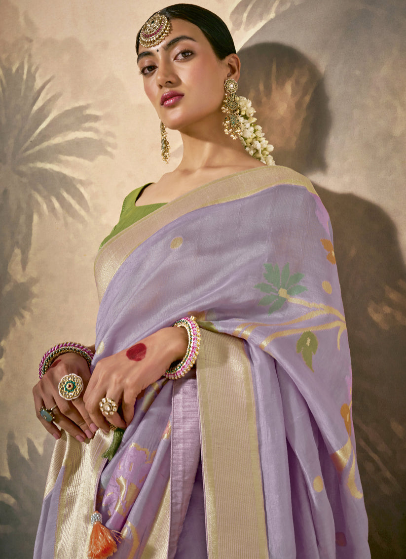 Lavender Silk Woven Work Designer Wedding Saree