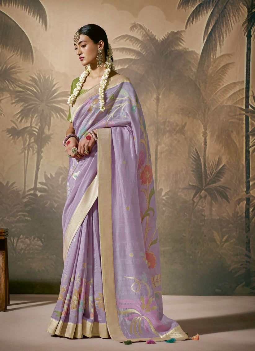 Lavender Silk Woven Work Designer Wedding Saree