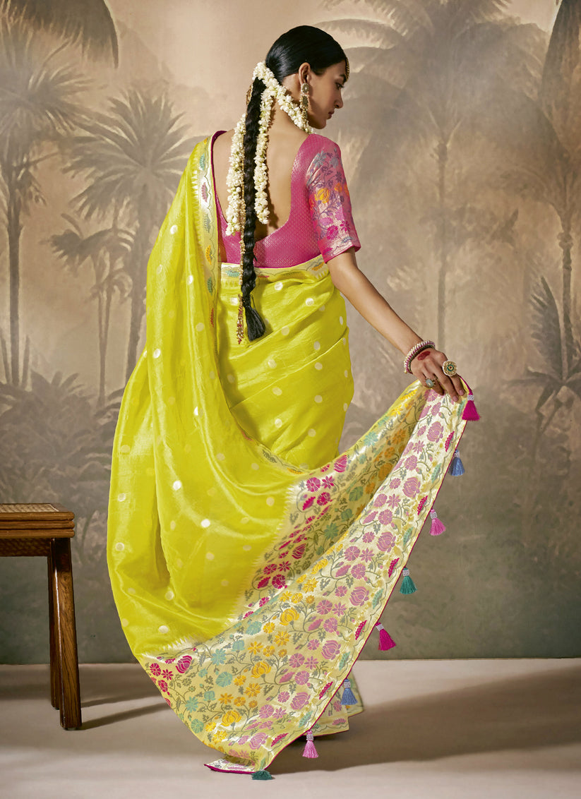 Lime Green Silk Woven Work Designer Wedding Saree