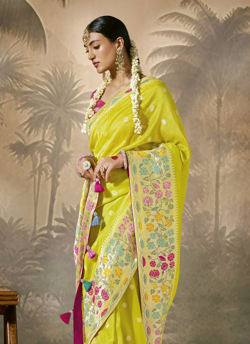 Lime Green Silk Woven Work Designer Wedding Saree