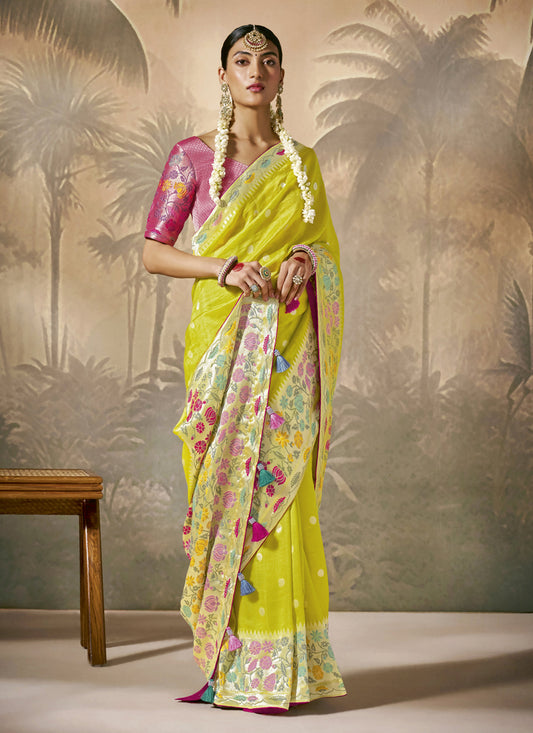 Lime Green Silk Woven Work Designer Wedding Saree