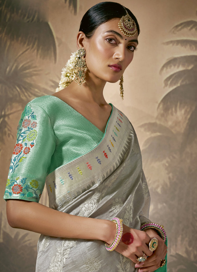 Grey Silk Woven Work Designer Wedding Saree