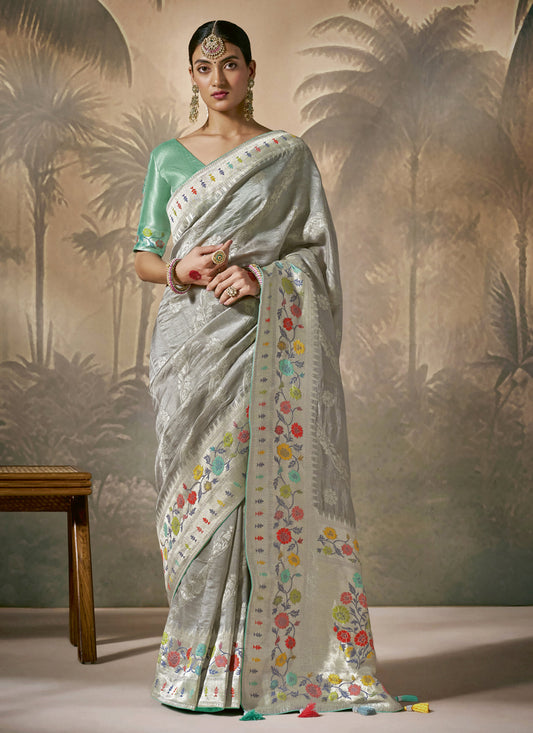 Grey Silk Woven Work Designer Wedding Saree