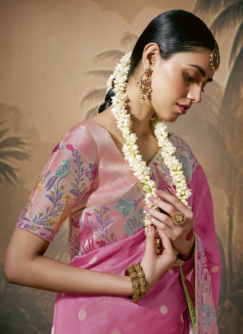 Pink Silk Woven Work Designer Wedding Saree