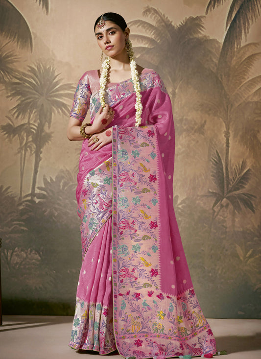 Pink Silk Woven Work Designer Wedding Saree