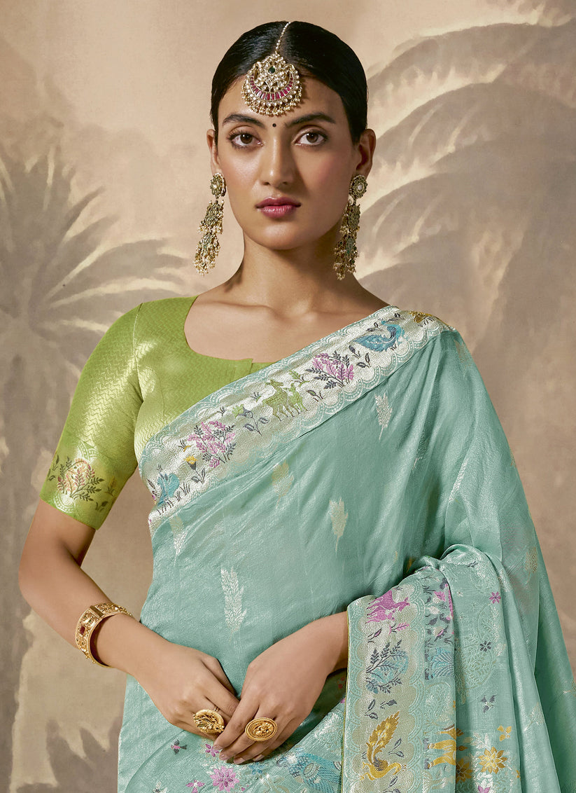 Mint Blue Silk Woven Work Designer Wedding Saree