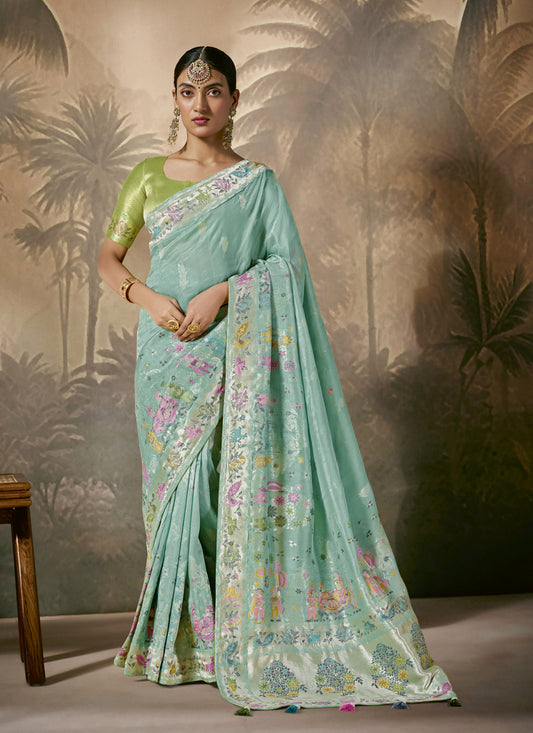 Mint Blue Silk Woven Work Designer Wedding Saree