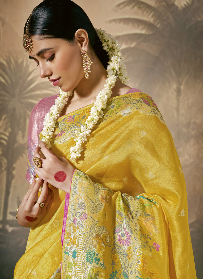 Yellow Silk Woven Work Designer Wedding Saree